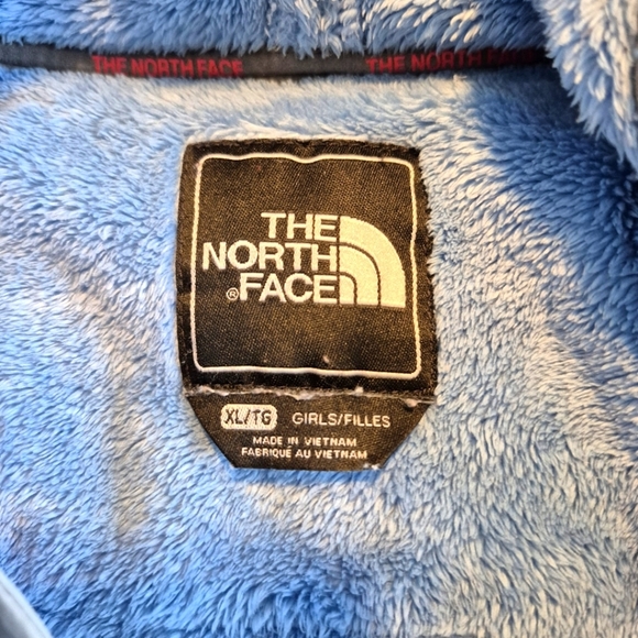 North Face girls XL Blue & gray fuzzy full zip up sweater, GUC name on inside - Picture 4 of 9